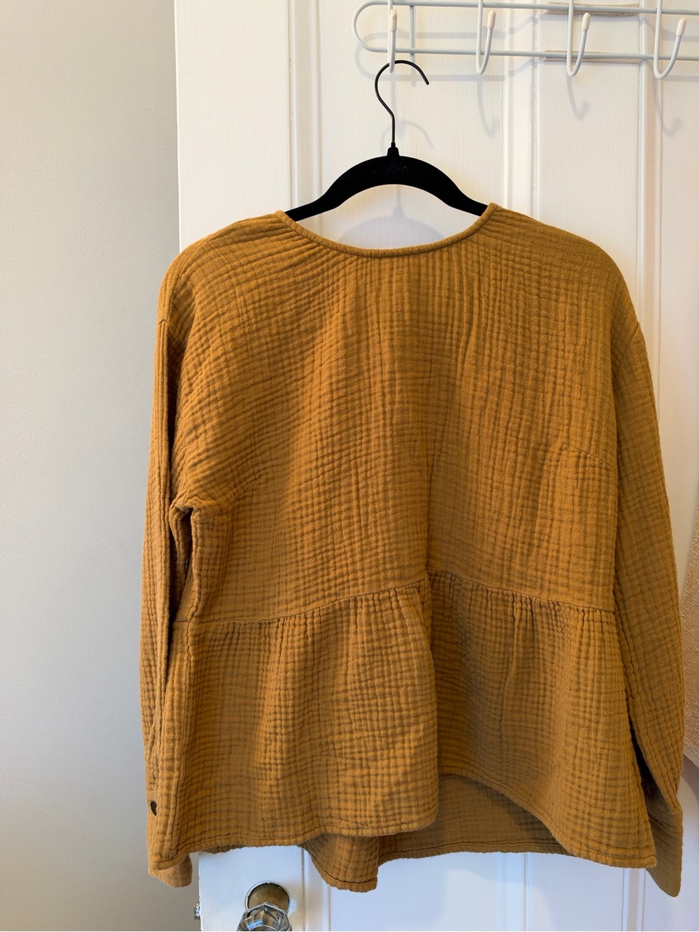 Madewell Ochre Waffle-Knit Peplum Long-Sleeve Top with Button Back